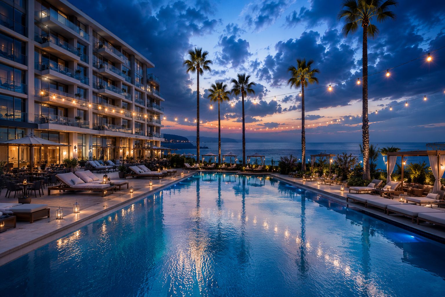 Oceanfront resort setting at dusk